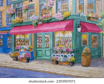 hand drawn watercolor painting of flower shop. urban painting with building, brick wall, canopy, colorful flowers, window display, flower on windows and street  - Powered by Shutterstock