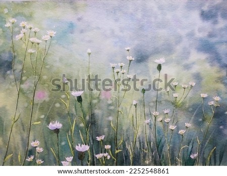 hand drawn watercolor painting of flower meadow. landscape painting with wildflowers, white little flowers, petals, buds, stem, leaves, grass, plants and green abstract background 