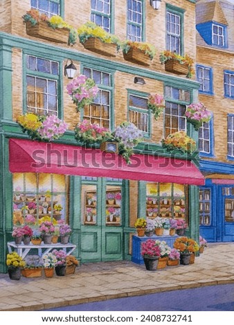 hand drawn watercolor painting of a flower shop. Urban painting with building, facade, brick wall, canopy, windows, shop display, flowers in buckets and street 