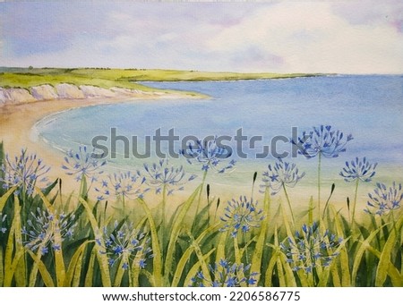 hand drawn watercolor painting of flowers by the beach. Seascape painting with African lilies,closeup blue flowers, beach, coastline, sand, sea, blue water, island and midsummer blue sky for print,etc