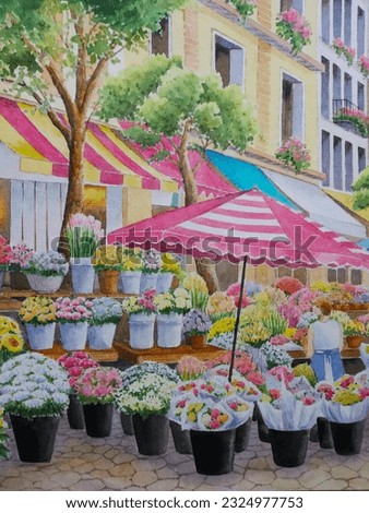hand drawn watercolor painting of flower's stall. Urban painting with buildings, house, shop, colorful cutting flowers, bouquets, fresh flower in the buckets, canopy, parasols, florist, and street 