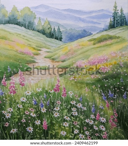 hand drawn watercolor painting of flowery paths. Landscape painting with blooming flowers, colorful wildflowers, leaves, grass, green hills, pathways, trees and mountain background 