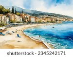 hand drawn watercolor painting of French Riviera beach. Seascape painting with blue sea, relaxing beach, buildings, medieval village, sunbathing spot, beautiful coastline and bright blue sky 