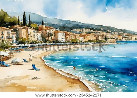 hand drawn watercolor painting of French Riviera beach. Seascape painting with blue sea, relaxing beach, buildings, medieval village, sunbathing spot, beautiful coastline and bright blue sky 