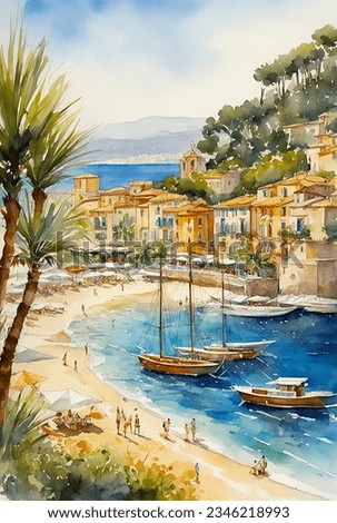 hand drawn watercolor painting of French Riviera scenery. landscape painting with blue sea, boat, island, sand, people on the beach, buildings, house, trees, beautiful village and bright blue sky 