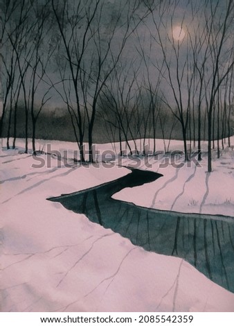 hand drawn watercolor painting of full moon winter night. landscape painting with moonlight, forest, trees, tree shadows, river, snow field, and night sky for illustration,background,digital print,etc