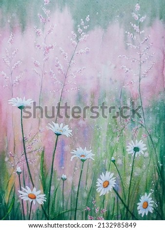 hand drawn watercolor painting of grass beautiful flower meadow. landscape painting with blooming daisy, grass, grass flower, white petals, buds and leaves with abstract background for print, etc
