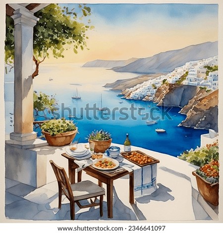 hand drawn watercolor painting of Greece terrace. seascape painting with food on the table, resort terrace, blue water, Aegean sea, boats, Greek islands, Santorini view and sunny sky