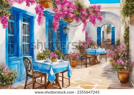 hand drawn watercolor painting of Greek restaurant. Architectural painting with building, white wall, blue door, window, table setting, chairs, decorative plants, bougainvillea flowers and stone floor