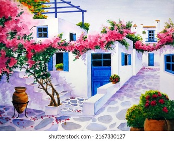 Hand Drawn Watercolor Painting Of Housing In The Greek Islands. Landmark Painting With Buildings, White House, Bougainvillea,stair, Jug,stone Walkway, Blue Door And Windows And Bright Sky For Print