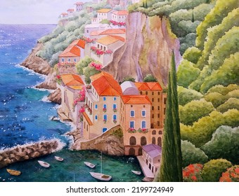 hand drawn watercolor painting Italian seaside village painting  landscape painting and buildings  house roof rock cliff blue water  boats pier  trees   sunny day for print  etc 