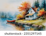 hand drawn watercolor painting of lakeside autumn. landscape painting with water, boat on the lake, wooden house, cabin, autumn trees, colorful foliage and misty forest background 