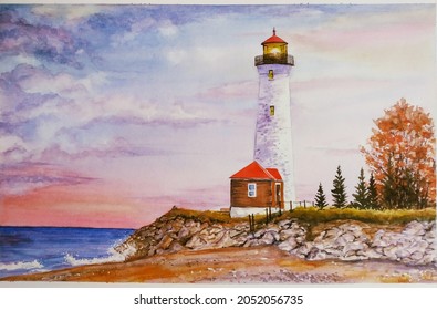 hand drawn watercolor painting of lighthouse. landscape painting with ocean,waves,sea, sunset or sunrise sky,clouds, house, lighthouse,rocks,sand,trees, autumn vibes for illustration,print, background