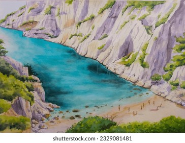 hand drawn watercolor painting of limestone beach. seascape painting with emerald sea, clear water, rocks, cliff, sand, trees, sunbathing people, cove, beautiful beach and coastal scenery  - Powered by Shutterstock