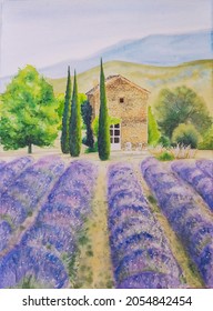 hand drawn watercolor painting of Luberon lavender fields at provence, southern france. landscape painting with fine lavender in rows, hills,trees,and stone house for illustration, print, background
