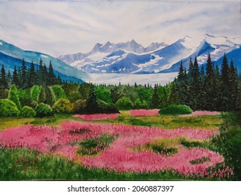 Hand Drawn Watercolor Painting Of Lupine Field In Alaska. Landscape Painting With Snowy Mountains, Trees, Blooming Lupines, Glacier And Beautiful Sky For Illustration, Print, Background, Etc