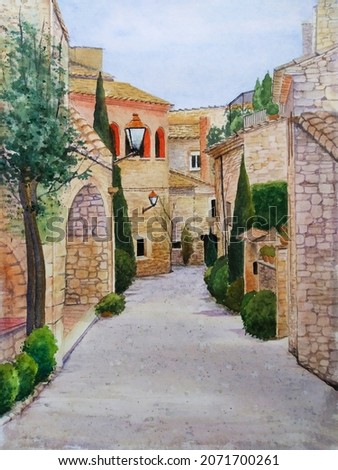 hand drawn watercolor painting of medieval town in Spain. landmark painting with buildings, brick houses, stone walls, plants, and medieval street for illustration, background, etc