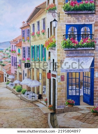 hand drawn watercolor painting of medieval restaurant. landmark painting with buildings, brick wall, windows, door, flowers, stone walkway, umbrella,sunny sky, table and chairs for print, etc 