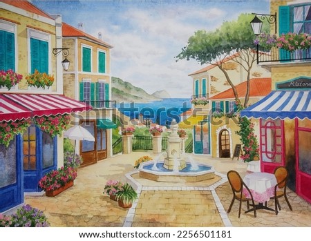 hand drawn watercolor painting of Mediterranean cityscape. landmark painting with buildings,brick wall,colorful canopy, courtyard cafe,street,flowers,tree,sea,coastal scenery,fountain and blue sky 