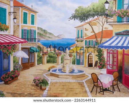 hand drawn watercolor painting of Mediterranean tavern. landscape painting with buildings, flowers, fountain, street, cafe, bar, coastal village, sea, island and bright sky 