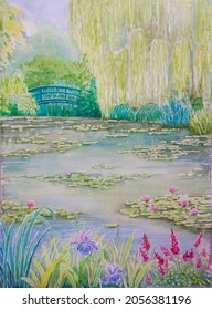 hand drawn watercolor painting of Monet garden in Giverny, France. landscape painting with pond, water lilies, bridge, willow tree and various flower gardens for illustration, print, background, etc