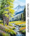 Hand drawn watercolor painting of mountain stream. Landscape painting with trees, forest, wildflowers, meadow, grassland, creek, fresh water, rocks, mountain background and blue sky