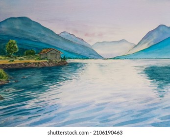 hand drawn watercolor painting of mountain in the morning scenery. landscape painting with mountains, lake, sunlight, sunrise, plants, a cabin, and water reflection for illustration, background, etc - Powered by Shutterstock