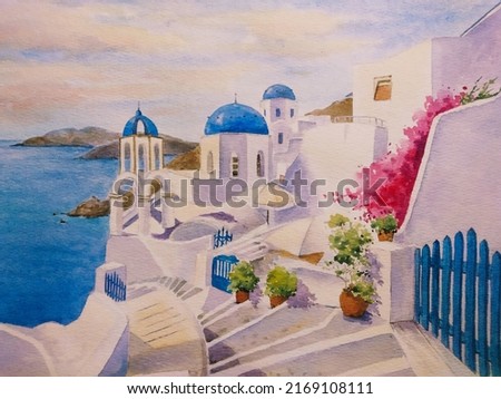 hand drawn watercolor painting of Oia, Santorini view. landscape painting with white building, stairs, church, blue dome,fences,bougainvillea flower, blue sea, Greek islands and sunlight for print,etc