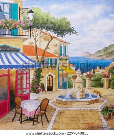 hand drawn watercolor painting of outdoor restaurant. landmark painting with old buildings, tavern, cafe, plants, windows, fountain, stone walkway, blue sea, island, coastal town view and bright sky 