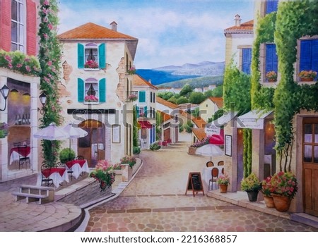 hand drawn watercolor painting of panoramic Mediterranean town. landscape painting with buildings, house,bricks wall, stone walkways, restaurant,cafe, plants, flowers, coastal view, blue sea and sky