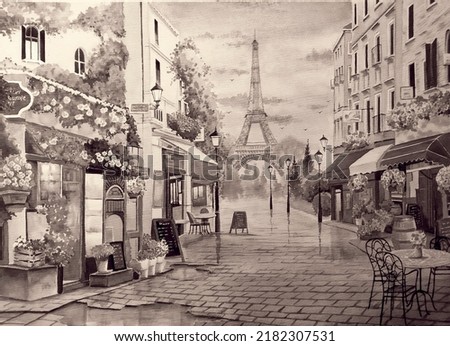 hand drawn watercolor painting of Paris city view. Landmark painting with buildings,street cafe, restaurant, shop, paved walkway, post lamps and cloudy sky in sepia color for illustration, print,etc
