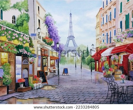 hand drawn watercolor painting of Paris cityscape. landmark painting with Eiffel tower, buildings, street cafe, flower shop, plants, restaurant, street lamps, paved walkway and bright blue sky