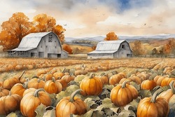 Hand Drawn Watercolor Painting Of Pumpkin Fields. Landscape Painting With Orange Pumpkins, Big Leaves, Vines, Plants, Farm Land, Barn, Autumn Trees, Hills Background And Sky