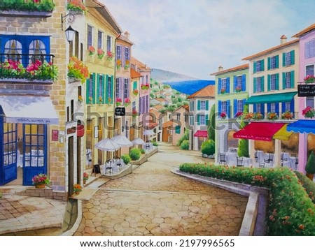 hand drawn watercolor painting of restaurant in Mediterranean town. landmark painting with buildings, street, restaurant,cafe,tavern, hedgerow, colorful wall, windows, plants, blue sea and bright sky