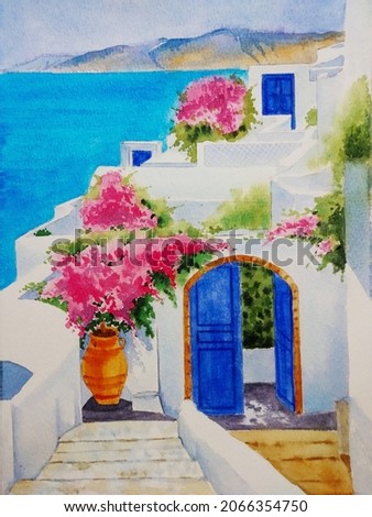 hand drawn watercolor painting of Santorini, Greece. landscape painting with white building, bougenville, Aegean sea, Greek island, and sunny day for illustration, print, background, etc
