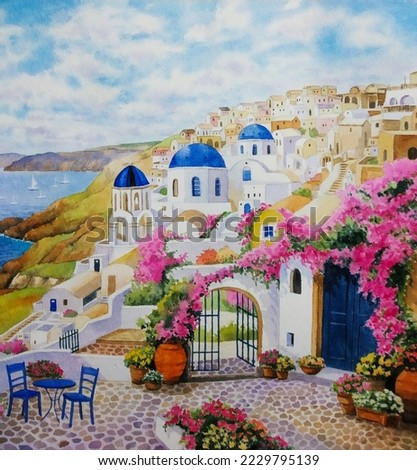 hand drawn watercolor painting of Santorini view painting. landmark painting with buildings, white wall, blue dome, church, resort, bougainvillea, decorative flowers, island, cliff, sea and blue sky