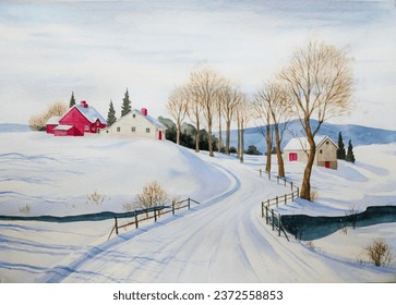 hand drawn watercolor painting of scenic snow fields. Winter scape painting with snowy village, farm house, red barn, trees, river, fence, street, shadows on snow, mountain background and bright sky - Powered by Shutterstock