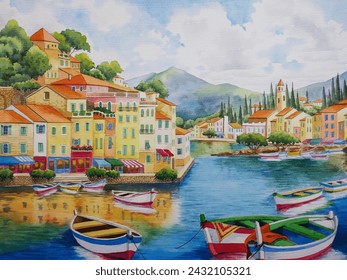 hand drawn watercolor painting of scenic Italian lakeside. Landscape painting with colorful buildings, house, pier, blue water, boats, island, fishing village, mountain background and clouds blue sky  - Powered by Shutterstock