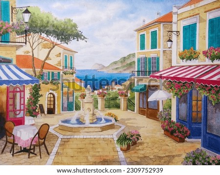 hand drawn watercolor painting of scenic Mediterranean town. Urban painting with old buildings, restaurant, cafe, flowers, stone street, fountain, blue sea, island, coastal town view and bright sky
