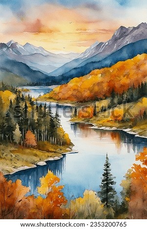 hand drawn watercolor painting of scenic autumn. landscape painting with meandering river, water, reflection, forest, autumn trees, colorful foliage, wilderness, mountains background and sunset sky 