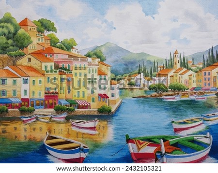 hand drawn watercolor painting of scenic Italian lakeside. Landscape painting with colorful buildings, house, pier, blue water, boats, island, fishing village, mountain background and clouds blue sky 
