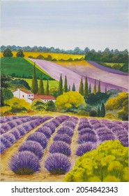hand drawn watercolor painting of  scienic lavender farms.landscape painting with lavender fields,house,sky,trees, plantation for illustration, print, background, etc