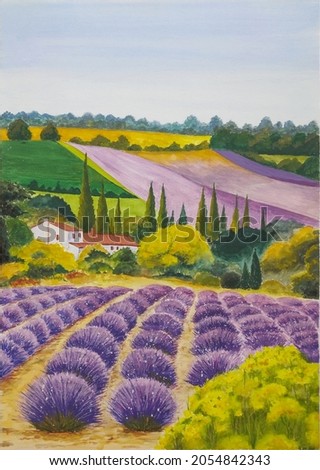 hand drawn watercolor painting of  scienic lavender farms.landscape painting with lavender fields,house,sky,trees, plantation for illustration, print, background, etc