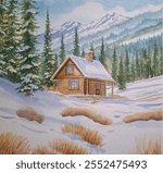 Hand drawn watercolor painting of snowy mountain cabin. Winterscape painting with snow fields, wooden cabin, brown grass,snowy pine trees, forest, mountains background and blue sky