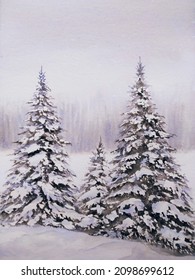 Hand Drawn Watercolor Painting Of Snowy Pinewood. Winter Landscape Painting With Pine Trees, Snowfield, Snow Fall, And Misty Forest For Illustration, Background, Digital Printing, Etc