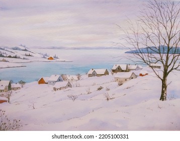 hand drawn watercolor painting snowy lakeside village  winter landscape painting and buildings house covered in snow  island  coastal  blue water  dormant tree  snow field   beautiful sky 