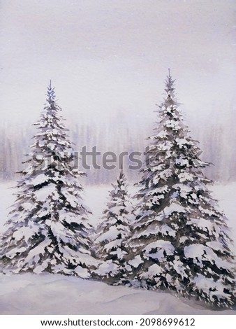 hand drawn watercolor painting of snowy pinewood. winter landscape painting with pine trees, snowfield, snow fall, and misty forest for illustration, background, digital printing, etc