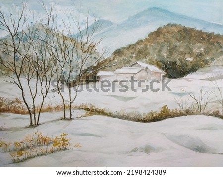 hand drawn watercolor painting of snowy field. winter landscape painting with snow, trees, branches,twigs, house, mountain,snowy land and blue sky for print, etc 