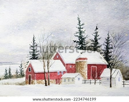 hand drawn watercolor painting of snowy red house. winter landscape painting with building, farm house, barn, fence, dormant trees, spruce trees, snow field, snowfalls and sky