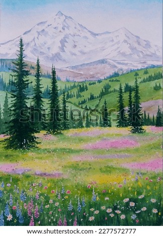 hand drawn watercolor painting of spring in the mountains. landscape painting with snowcapped mountain, green field, grass, meadow, trees, flower field, colorful wildflowers and blue sky